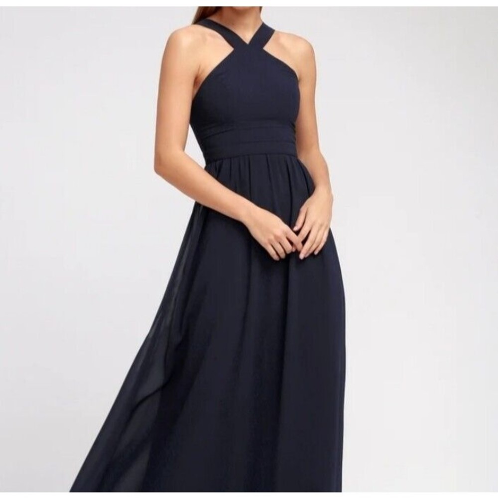 Lulu's Air of Romance Navy Blue Maxi Halter Long Womens Dress Style D15376 Small